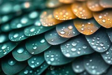 Close-up of teal and orange leaf-like patterns adorned with delicate water droplets, merging nature's design with artistic abstraction.