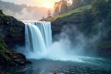 Fototapeta premium A tranquil waterfall cascading through a veil of swirling mist and smoke, soothing, smoke, peaceful