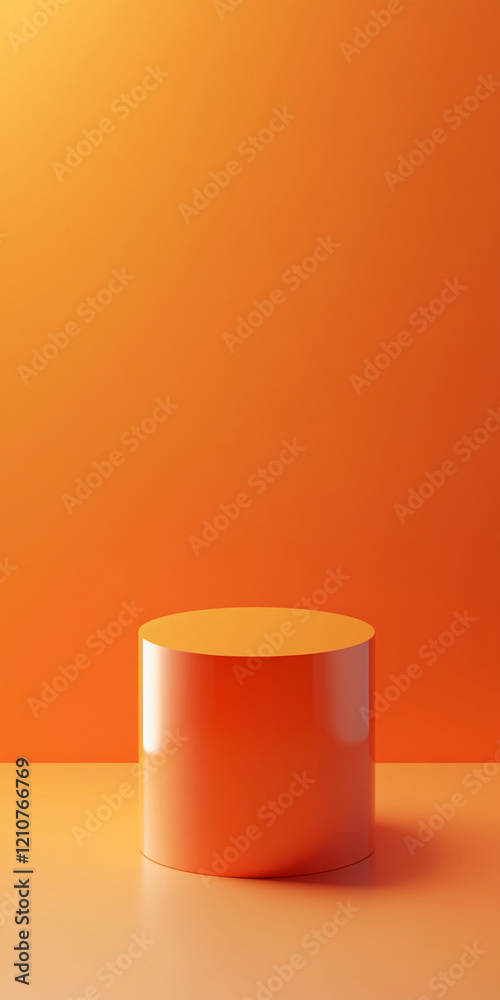Poster vibrant orange pedestal for product display with glossy finish and minimalist design