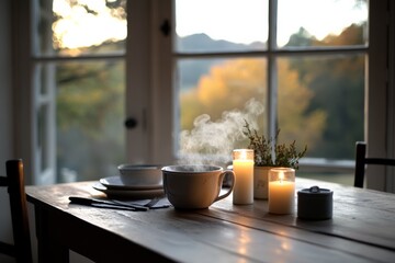 A steaming cup of coffee and candles on a wooden table by a window create a warm, inviting morning ambiance.