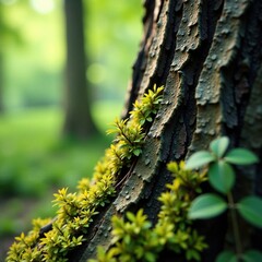 Obraz premium Tree trunk with tiny branch covered in lichen, natural, forest, wood