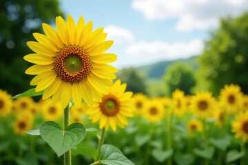 Bright yellow sunflower blooms in a lush green garden, petals, sunshine, landscape