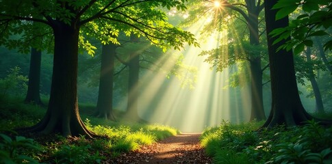 Obraz premium Dappled forest light filters through the canopy, nature, misty morning