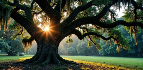 Ancient cypress tree covered in Spanish moss at dusk, cypress tree, trees, rustic