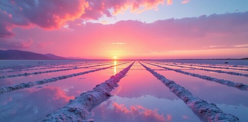 Soft pink hues spread across the salt pans at sunset, salt pans, stagnone, trapani