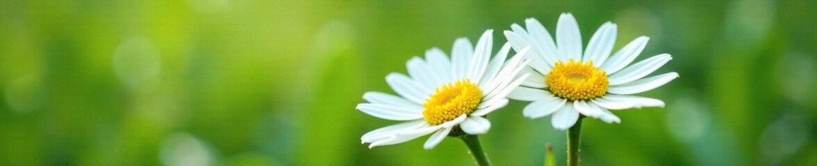 Fototapeta premium Daisies with white and yellow petals on green stem, petals, daisies