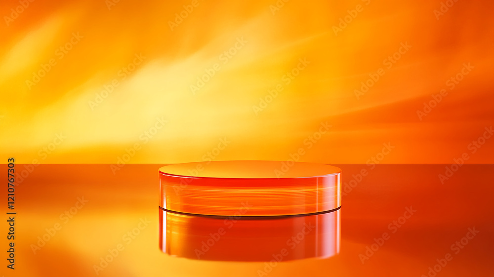 Poster Bright Orange Podium with Glossy Surface and Abstract Gradient Background