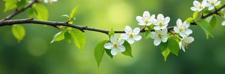 Fototapeta premium Delicate white flowers cascade down a tree's twisted branch, floral, blossoms, greenery