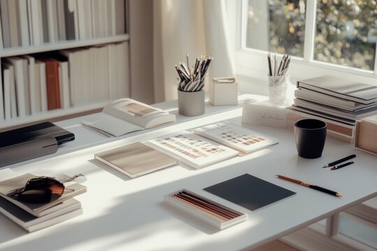 Sunlight fills a minimalist white desk with organized stationery, books, and a hint of greenery, radiating tranquility and productivity.