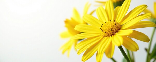 Obraz premium Yellow euryops pectinatus on white background, petals, botanical, bloom