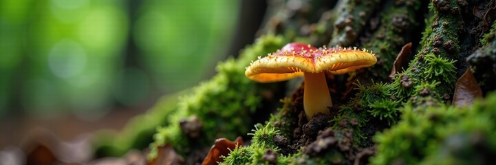 Fototapeta premium A delicate fungus growing on the roots of an ancient tree trunk, forest, mushroom
