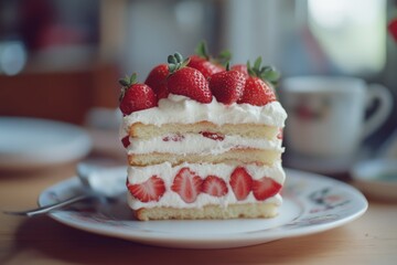 A slice of strawberry shortcake with layers of fresh cream and strawberries sits invitingly on a patterned plate, ready to be savored.