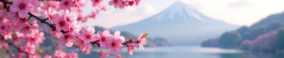 Obraz premium Soft pink petals of cherry blossoms against a calm mountain background, landscape, soft, calm
