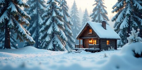 Naklejka premium Snowflakes gently fall around a charming cabin in the snow-covered forest, distorted perspective, snowfall, snow globe scene