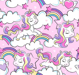 Fashion seamless pattern cute unicorn. Print for clothes and fabric. Cartoon character. Pony.