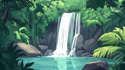 Majestic tropical waterfall cascading into emerald pool amidst lush rainforest. Emerald Oasis. Illustration