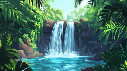 Majestic tropical waterfall cascading into emerald pool amidst lush rainforest. Emerald Oasis. Illustration