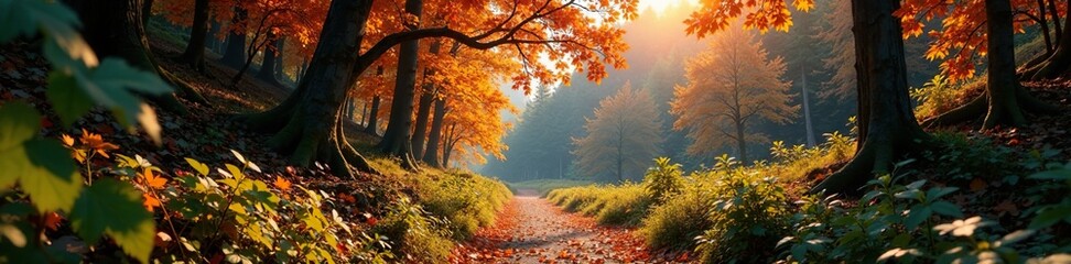 Fototapeta premium A winding forest trail leads to a secluded clearing amidst autumn colors, trees, forest trail