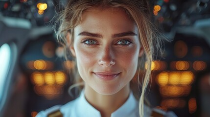 Pilot inside cockpit smiling with warm lights in the background at dusk during a flight operation