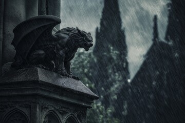 Fototapeta premium Gargoyle in Rain and Thunder on Gothic Cathedral