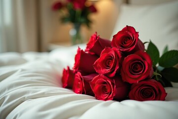 A bouquet of bright red roses in a luxurious bed, arrangement, luxury, decoration