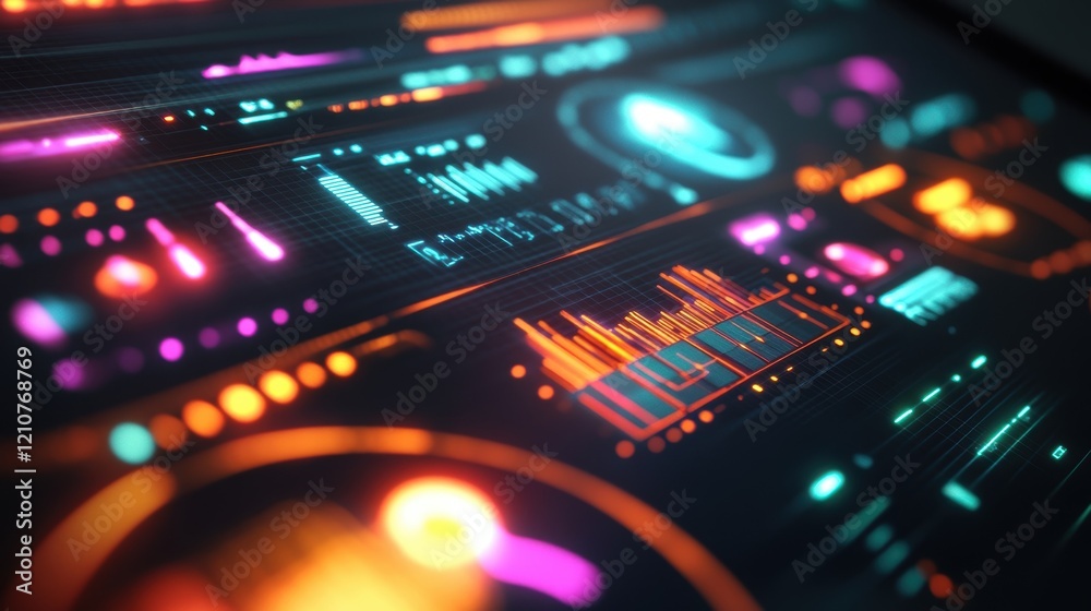 Poster futuristic dashboard featuring complex data analysis with glowing lights and vibrant visualizations,