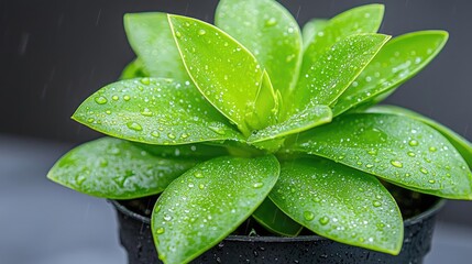 Fototapeta premium Vibrant green succulent plant covered in fresh water droplets sits in a black pot against a dark background.