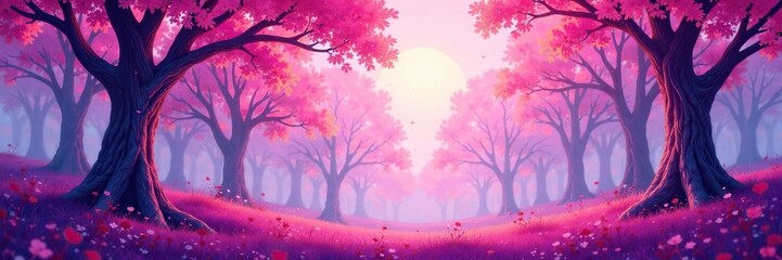 Whimsical forest scene with abstract trees in pastel pink and purple hues, branches, purple
