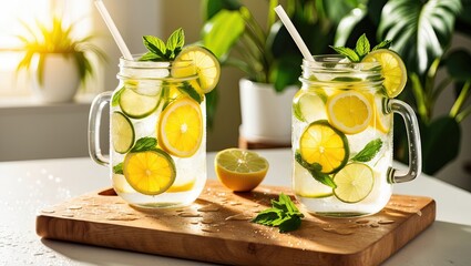 Fototapeta premium Refreshing Citrus Drink in Glass Jar on Wooden Board