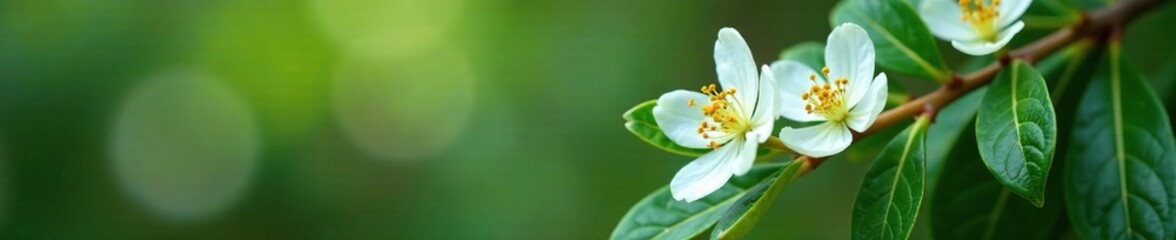 Obraz premium Delicate white flowers on a Spanish fir branch, kelleri, coniferous flowers