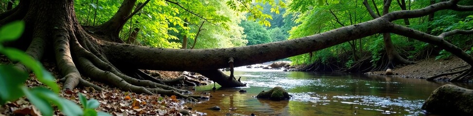 Fototapeta premium Fallen tree with roots exposed in Tarcoles River, forest floor, nature, plant life