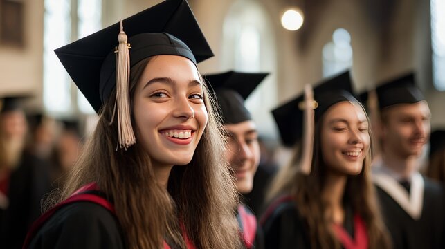 Graduation ceremony with students in caps and gowns, soft light, academic and celebratory, joyful and formal, highly detailed, warm and inspiring