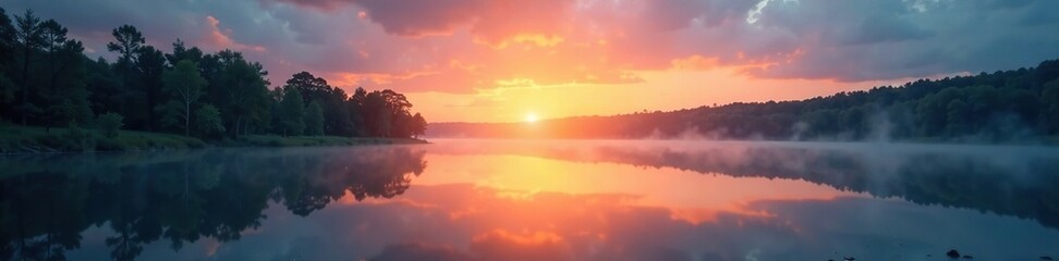 Softly focused lake at sunset with trees reflected, soft focus, blue skies, orange