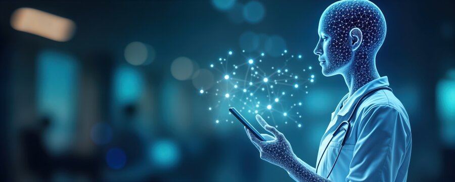 Medical professional uses tech device for analysis in modern clinic. AI-powered healthcare system facilitates data-driven diagnosis, treatment. Futuristic medical care integrates with digital