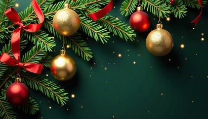 Evergreen branches decorated with gold ornaments and red ribbons, ornament, festive