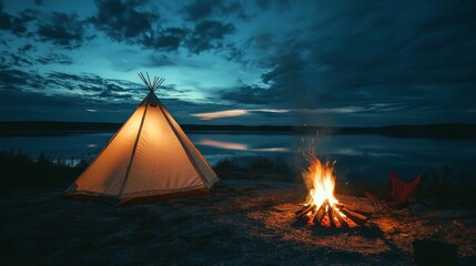 White, triangular-shaped camping tent under the starry sky and the moon. Tent and campfire. Fire to make something to eat and warm up 