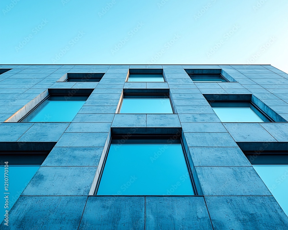 Poster low angle view of modern building facade with windows and blue sky.