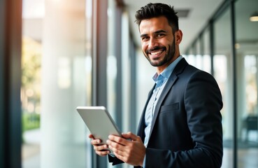 Fototapeta premium Young Latin businessman stands in office holding digital tablet. Looks directly at camera with friendly smile. Pro person uses tech device. Modern business lifestyle, work in office. Man pro employee