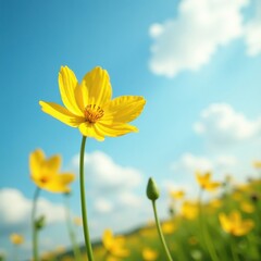 Fototapeta premium A delicate yellow sky flower blooms amidst wispy clouds, gentle, soft