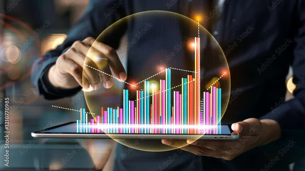 Aufkleber Businessman Analyzing Data Trends on Tablet Colorful Graphs and Charts Showcasing Growth in Modern Office Environment