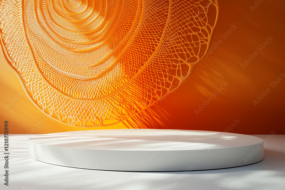 Poster modern podium with intricate abstract design and vibrant orange background