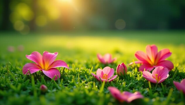 Delicate petals scattered on the dewy grass early morning, parijat, flowers
