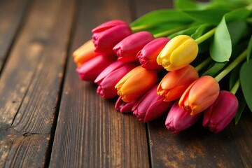 Heart-shaped tulip bouquet on a rustic wooden table, arrangement, tulips