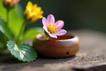Fototapeta premium Delicate wooden ring paired with a small wildflower, whimsical, nature, tiny