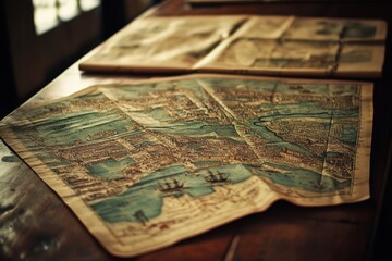 An antique map lies open on a wooden table, revealing a detailed depiction of a historic city and river, evoking a sense of adventure and discovery.