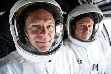 Caucasian male astronauts in spacesuits inside spacecraft cockpit