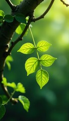 Obraz premium A delicate yellow leafed plant suspended from a tree branch with vines and leaves, nature, plants