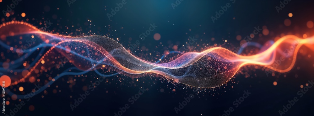 Poster abstract digital wave pattern flows smoothly on dark backdrop. colorful glowing particles create dyn