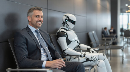 Businessman and Humanoid Robot Sitting in Lobby Awaiting Job Interview, Future Workforce and AI Integration