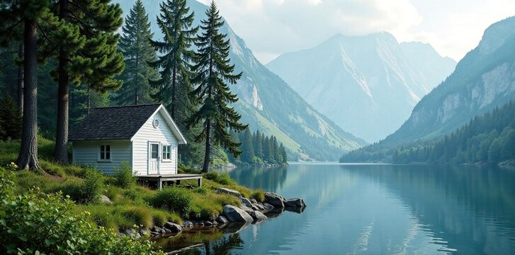 White cabin nestled among tall trees with a tranquil lake in the background, lake, water, nature